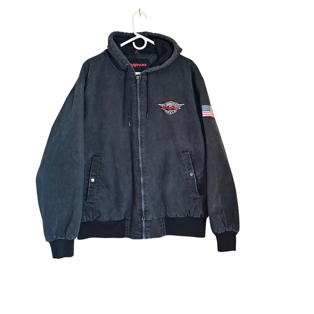 ​Vintage 2003 Snap-on Hooded Work Jacket XL Faded Black Canvas Barn Coat Y2K